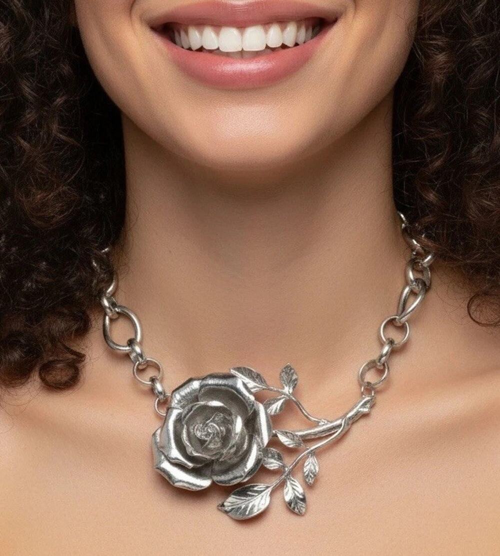Zara Silver Rose Flower Necklace Choker Chunky Boho Statement Chain Retro VTG